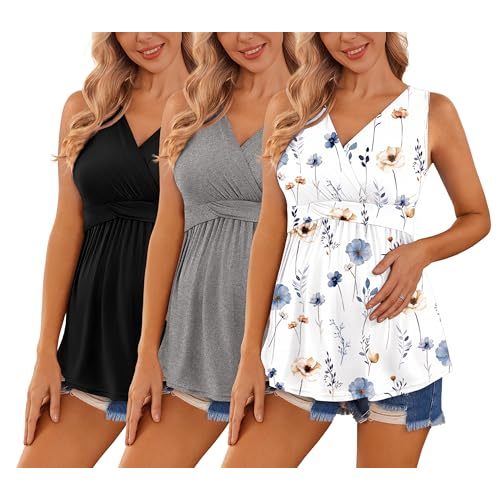 Ekouaer Women's Maternity Tank Tops 3 Packs Sleeveless Nursing Tops V Neck Breastfeeding Shirts Pregnancy Clothes