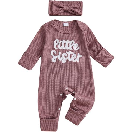 allshope Infant Baby Girl Fall Outfit Sweatshirt Romper Little Sister Lil Sis Long Sleeve Jumpsuit Newborn Winter Clothes (Little Sister Purple, 3-6 Months)