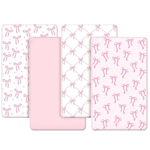 CroBlissful 4 Pack Coquette Pink Bows Baby Crib Fitted Sheet 52'' x 28'' Pink Bows Fitted Crib Mattress Sheet Coquette Baby Bedding for Standard Mattress Gift Set