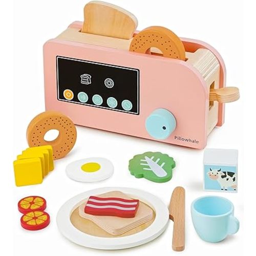 Pillowhale Play Food Sets for Kids kitchen Pop Up Toy Wooden Toaster Breakfast Playset 18 Pcs Play Kitchen Accessories for Toddlers 3+