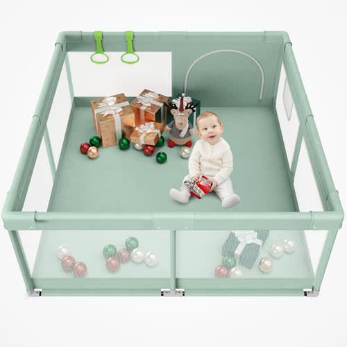 Fodoss Playpen for Babies and Toddlers, Green Kids Play Pen | Baby Play Yard for Indoor & Outdoor, Soft Breathable Mesh, BPA-Free Oxford Fabric, Anti-Slip Suction Cups, Pull Rings
