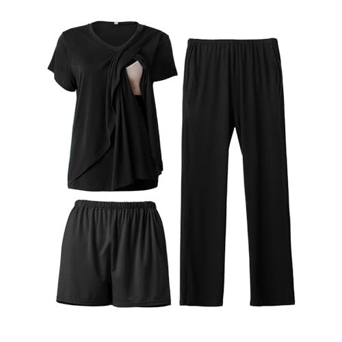 Rnxrbb 3 PCS Women Nursing Pajamas Set Postpartum Maternity Pj with Pockets | Easy Side-Access Breastfeeding Sleepwear Lounge Clothes, Adjustable High-Waist Pants & Shorts for Pregnancy and Postpartum