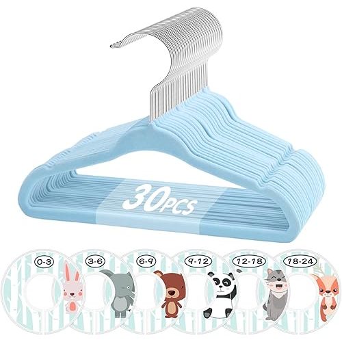 Baby Hangers, 11 Inch Velvet Kids Hangers Non-Slip, Blue, 30 Pcs