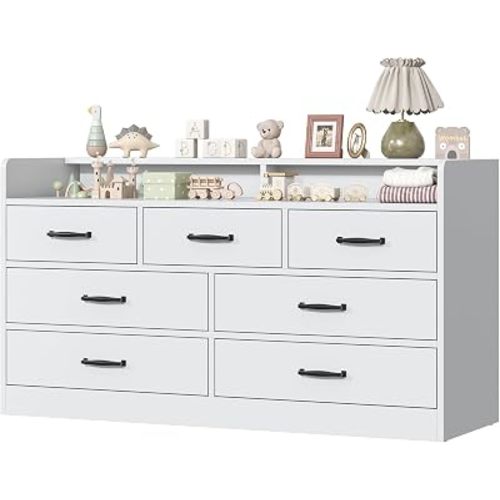 Kids Dresser with 7 Large Drawers, Nursery Dresser with Tabletop Rail