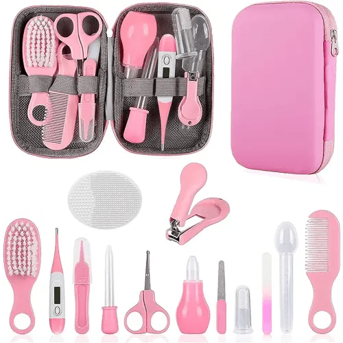 Baby Grooming Kit, Infant Safety Care Set with Hair Brush Comb Nail Clipper Nasal Aspirator,Baby Essentials Kit for Newborn Girls Boys (Pink)
