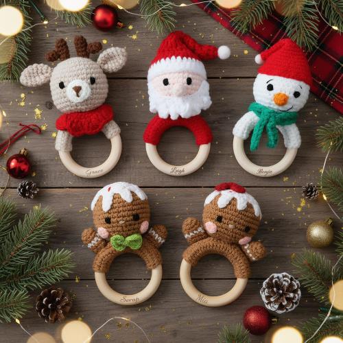 Custom Baby Rattles,Crochet Rattles,Carved Elk Rattles,Santa Claus Rattles,Christmas Crochet Rattles,Newborn Gifts,Baby Toys,Handmade Rattle