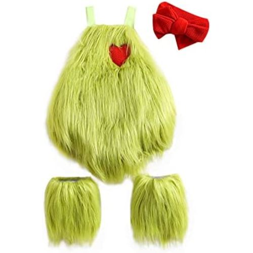 Christmas Baby Costumes Green Monster Baby Girls Sleeveless Plush Fur Romper Onesie Headband + Leg Warmer Set
