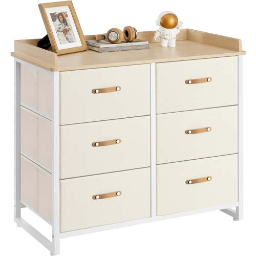 Dresser for Bedroom with 6 Drawers, Chest of Drawers, with Water-Resistant Changing Table, Storage Organizer Cabinet, for Living Room Hallway, Beige