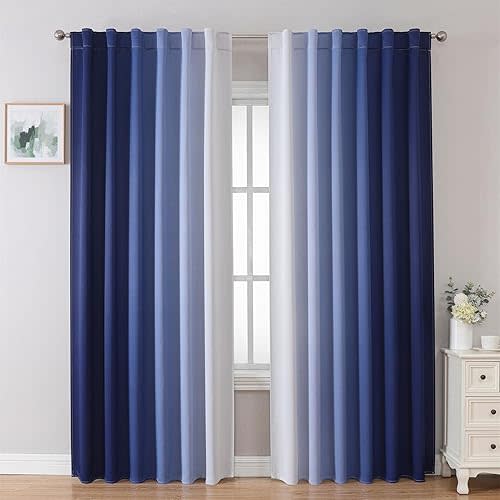 MIUCO Blackout Curtains & Drapes for Bedroom Living Room 84 Inches Long Navy Blue and White Room Darkening Ombre Curtains Rod Pocket & Back Tab Curtains Thermal Insulated Light Blocking 2 Panels Set