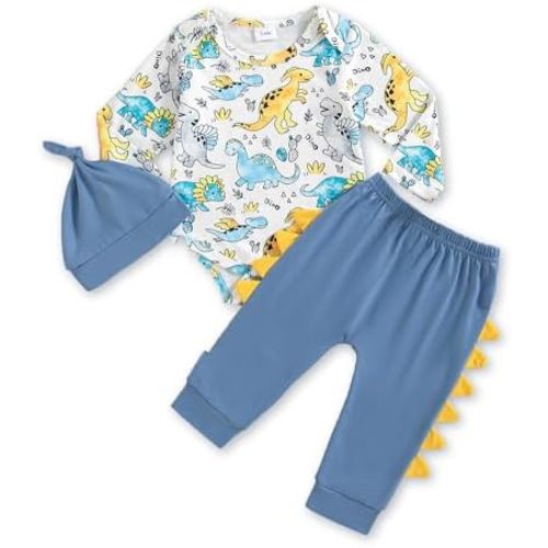 NZRVAWS Baby Boy Clothes Outfits Long Sleeves Infant Romper Fall Winter Print Pant Set Hat 3Pcs 3 6 12 18M