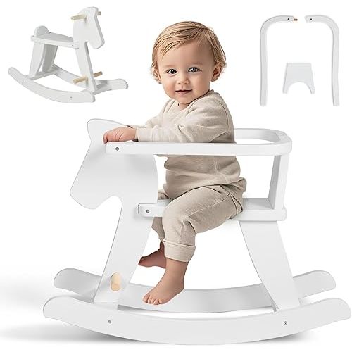 labebe - Wooden Rocking Horse, Baby Wooden Ride On Toys for 12M+, White Rocker Toy with Removable Fence, Toddler Riding Toy Indoor/Outdoor, Nursery Birthday Gift