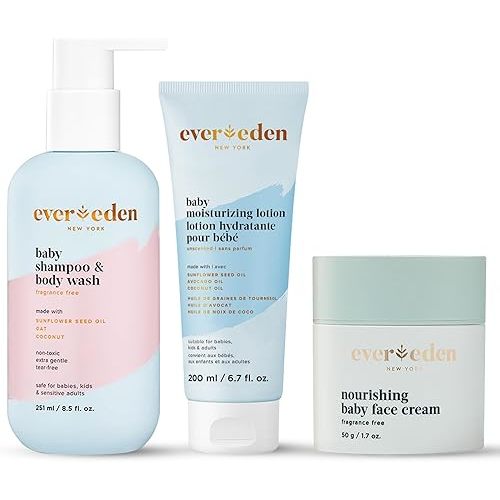 Evereden Nourishing Baby Face Cream 1.7 oz. and Bathtime DUO: Lotion for Newborn and 2-in-1 Newborn Shampoo and Body Wash | Clean Baby Care | Non-toxic and Fragrance Free | Clean Ingredients