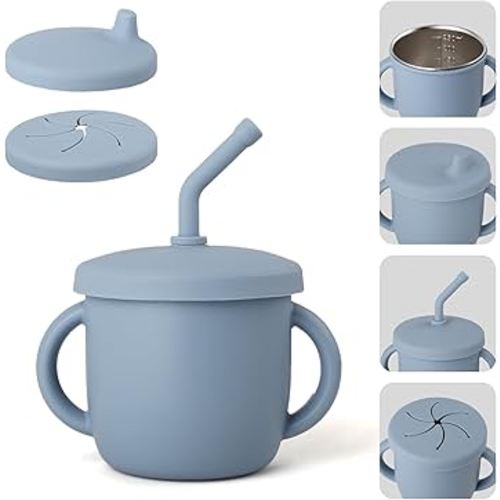 4-in-1 Stainless Steel Silicone Sippy Cup, 8.5oz Toddler Open Cup with Straw, Sippy & Snack Lids, For Baby Led Weaning, Toddlers 1-3 Years Trainning Kids Drinking, Dishwasher Safe,Cloudy Blue