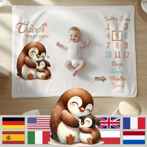 Personalized baby milestone blanket | Penguin mother with child | Unisex | Customizable with name and date of birth | 3 sizes