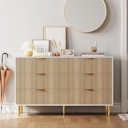 IDEALHOUSE Natural Dresser, Modern 6 Drawer Dresser for Bedroom with Gold Handle and Large Drawer, Wood Double Chest of Drawers and Storage Organizer for Living Room, Hallway, Entryway