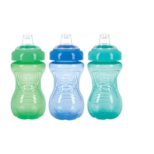 Nuby 3 Pack No Spill Toddler Sippy Cups - Toddler Cups Spill Proof with Easy and Firm Grip - Blue, Aqua, Green