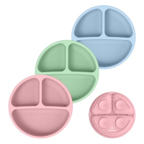 Wee me Suction Plates for Babies & Toddlers - Toddler Utensils - Silicone Plates with Spoon Fork For Baby, BPA-Free, Dishwasher and Microwave Safe, 3 Pack (With Suction, Blue, Green & Pink)