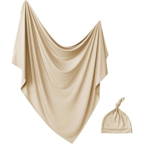 Newborn Swaddle Blanket with Hat Set Baby Swaddle Set Hospital Receiving Blankets for Girls Boys(Khaki)