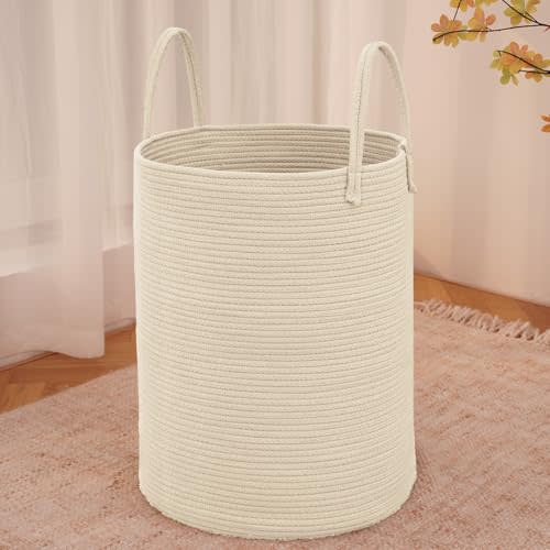 JMvicyroam Large Woven Laundry Basket Hamper,60L Cotton Rope Storage Bin for Blankets,Toys and Clothes,Decorative Tall Nursery Hamper for Living Room,Baby Nursery,Bathroom and Bedroom,Beige