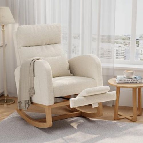 Rocking Chair with Footrest – Corduroy Glider Armchair with Side Pockets & Pillow for Nursery, Balcony, Bedroom, Leisure Area