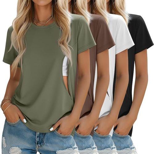4 Pack Women's Nursing Breastfeeding Shirts with Zipper Loose Fit Short Sleeve Maternity Top Nursing Clothes