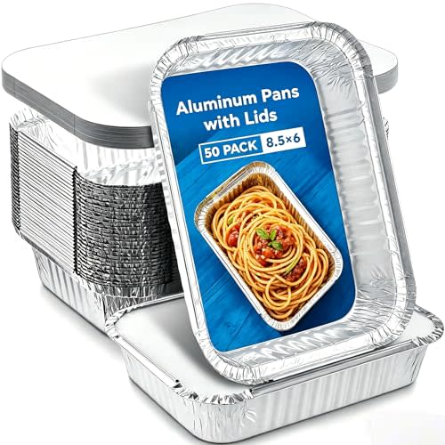 50 Pack Foil Meal Prep Containers with Lids, 2.25 LB Disposable Aluminum Foil Pans with Lids To Go Take Out Aluminum Foil Food Storage Pans with Lids 8.5" X 6" (50 Pack)