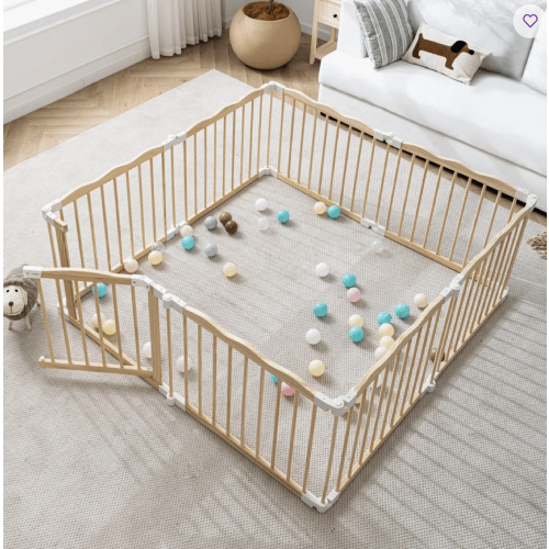 Foldable Solid Wood Baby Playpen With Wave-Shaped Top