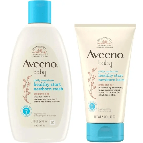 Bundle of Aveeno Baby Healthy Start Newborn Wash, Hypoallergenic Baby Body Wash with Prebiotic Oat, Fragrance-Free, 8 fl. oz + Newborn Balm, Baby Skin Balm with Prebiotic Oat , Fragrance-Free, 5 oz