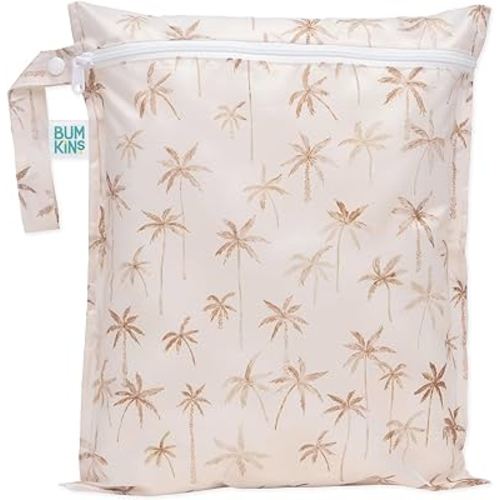 Bumkins Waterproof Wet Bag for Baby, Travel, Swim Suit, Cloth Diapers, Pump Parts, Pool, Gym Clothes, Toiletry, Strap to Stroller, Daycare, Zipper Reusable Bag, Wetdry Packing Pouch, Palm Trees