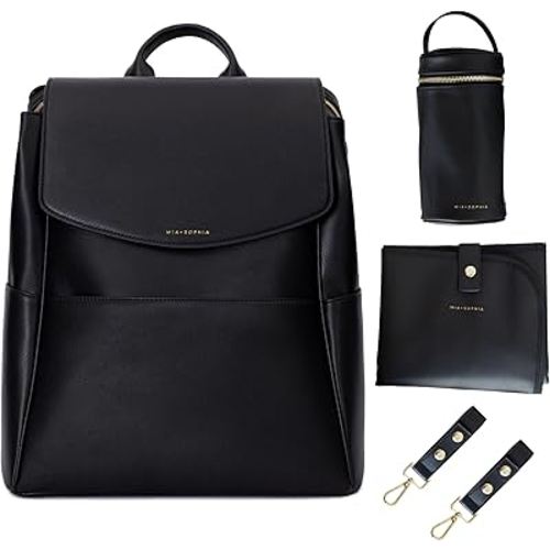 MIA + SOPHIA Leather Diaper Bag Backpack with USB Charging port, Changing Pad, Stroller Straps, and Bottle Holder (Black Olivia)