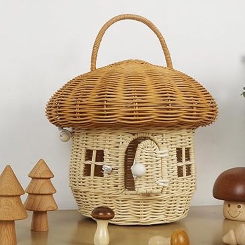 Mushroom Basket with Lid, Handmade Wicker Rattan Baskets Woven Shelf Organizer for Picnic Outdoor Home Decoration (Beige.A)