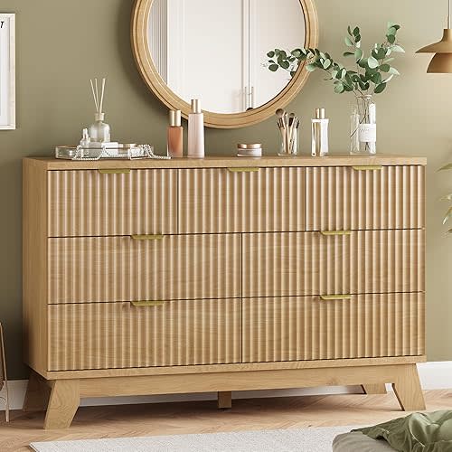 Fluted Dresser for Bedroom with 7 Drawers, 48" Wide Modern Chest of Drawers with Metal Handle, Wood Dresser TV Stand, Wooden Closet Clothes Storage Organizer for Living Room, Hallway, Natural Oak