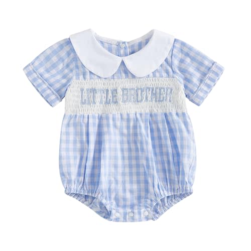 Licupiee Infant Boy Short Sleeve Smocked Romper Babydoll Collar Embroidery Letter Bubble Bodysuit Newborn Baby Summer Clothes