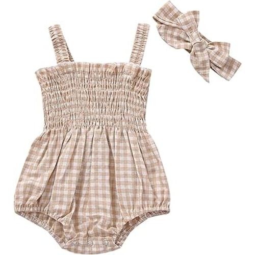 Lehoso Newborn Baby Girl Summer Clothes Infant Sleeveless Plaid Smocked Romper Cute One Piece Bodysuit Headband