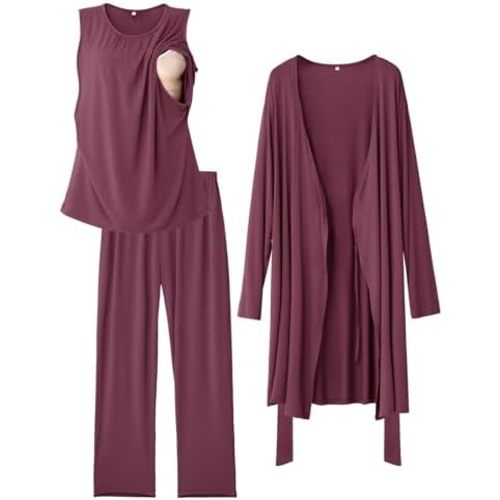 Rnxrbb Nursing Pajamas Gown Set for Women Breastfeeding Postpartum Pajama Maternity Pj for Hospital 3 PCS