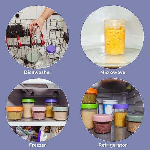 WeeSprout Glass Baby Food Storage Jars w/Lids (4 oz, 12 Pack Set) Snack, Puree, Reusable Small Containers, Breast Milk, Fridge or Freezer, Microwave & Dishwasher Safe, Essential Must Have for Infants - Matte Variety - 4 oz (Plastic Lids + Embossed Glass)