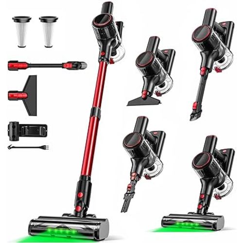 Cordless Vacuum Cleaner, 45KPA 8-in-1 Vacuum Cleaners for Home, 45Mins Runtime, Anti-Tangle Stick Vacuum with LED Display, Rechargeable Lightweight Vacuum for Pet Hair/Carpet/Floor (Red)