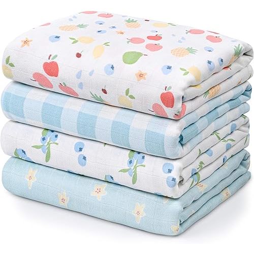 GLLQUEN BABY Muslin Swaddle Blankets 4-Pack Breathable Receiving Blankets (35" x 40") Soft Baby Blankets for Girls and Boys Newborn Essentials Muslin Swaddle Wrap Baby Gift(Azure Berry Dream)
