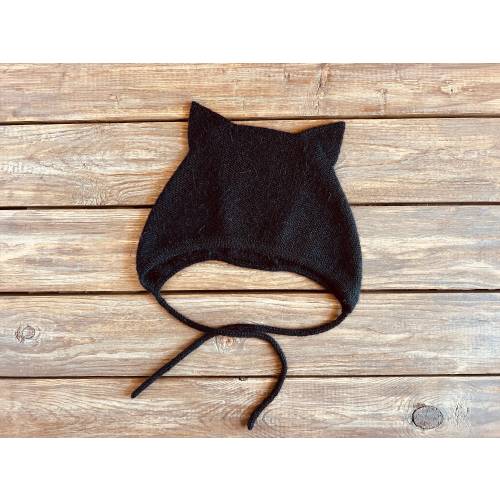 Black Kitty bonnet, Baby merino bonnet, Baby Cat Bonnet, Baby knit hat, Heirloom Bonnet Baby, Seamless Hat Baby, Baby Hat With Ears