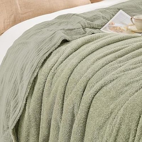 EMME Muslin Cotton Fleece Twin Blanket Reversible - 60"*80" Sage Green Soft Warm Throw Blankets for Couch Bed Picnic Travel Bed