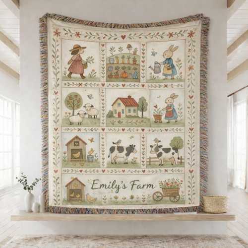 Personalized Farm Woven Blanket, Cottagecore Nursery Wall Tapestry, Custom Name Farm Animals Throw, Cozy Country Home Decor