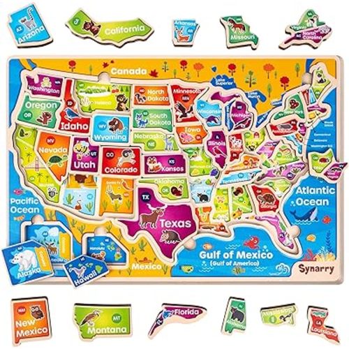 SYNARRY Large USA Wooden Puzzles for Children Ages 3-5, Learning United States Map Puzles for Children Ages 4-6, Wood Jigsaw Puzzles Educational Games Toys Gifts for Boys Girls Ages 3-8