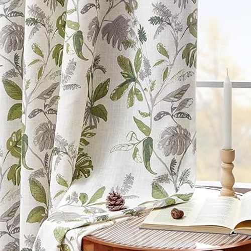 jinchan 100% Blackout Curtains for Bedroom 63 Inches Length Linen Curtains Tropical Green Leaf Print Botanical Window Treatment with Lining for Living Room Farmhouse Country Drapes Set 2 Panels