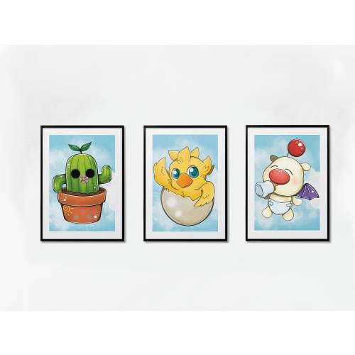 Final Fantasy themed nursery Moogle Chocobo Cactaur themed art print