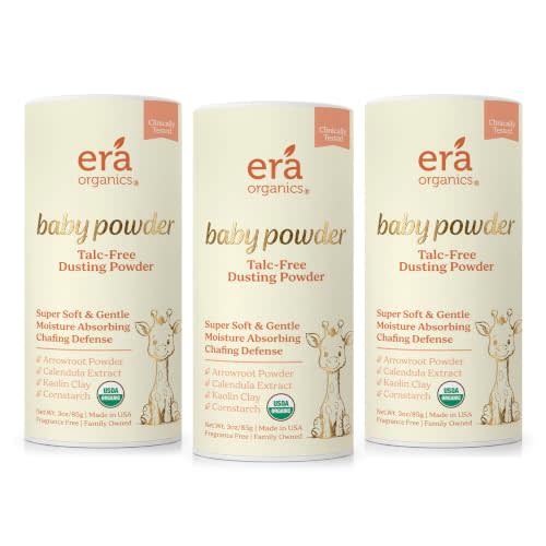 Talc-Free Organic Baby Powder - Non-Toxic Dusting Powder for Baby & Body | Triple Action Moisture & Chafing Defense with Natural Arrowroot & Cornstarch - USDA Organic, Fragrance-Free, USA - 3oz 3 pack