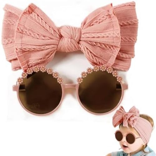 Baby Girls Soft Bows Headband and Daisy Flower Sunglasses Set Hair Bow Headwrap Hair Accessories for Toddler Infant