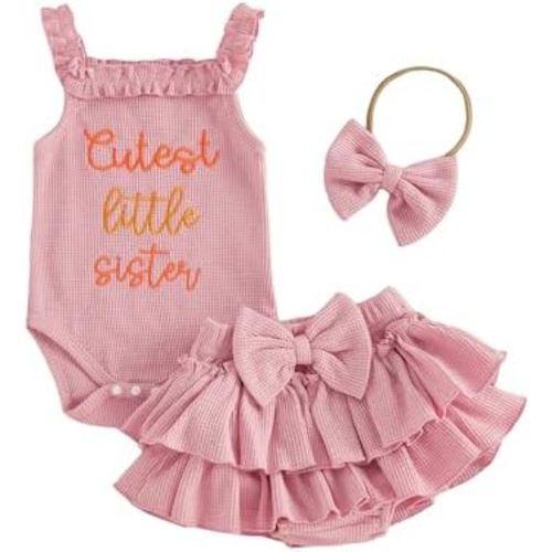 FYBITBO Newborn Baby Girl Summer Clothes Little Sister Outfit Sleeveless Ruffle Romper Bodysuit Tutu Skirt Waffle Clothes Set
