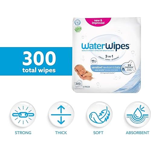 WaterWipes Sensitive+ Newborn & Baby Wipes, 3-In-1 Cleans, Cares, Protects, 99.9% Water, Unscented & Hypoallergenic, 300 Count (5 Packs)