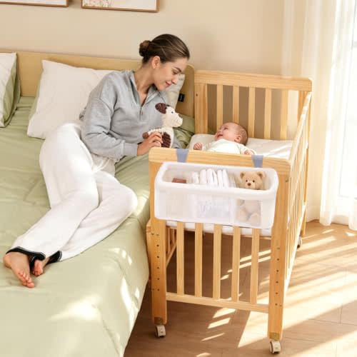 Wood Baby Bassinets Bedside Sleeper, Mini Crib with Storage Basket&Mattress | Portable 6 Heights Baby Bassinet, Space-Saving Design Baby Crib with Wheels for Newborn 0-12 Months, Natural