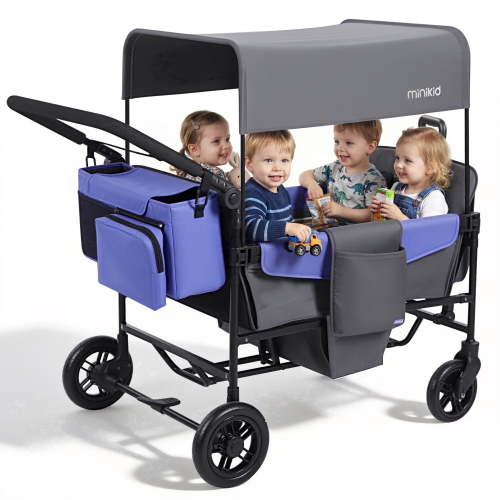 Vipuse Baby Wagon Stroller for 4 Kids, Toddler Stroller with Canopy, 5-Point Harness, Adjustable Handlebars,Gray